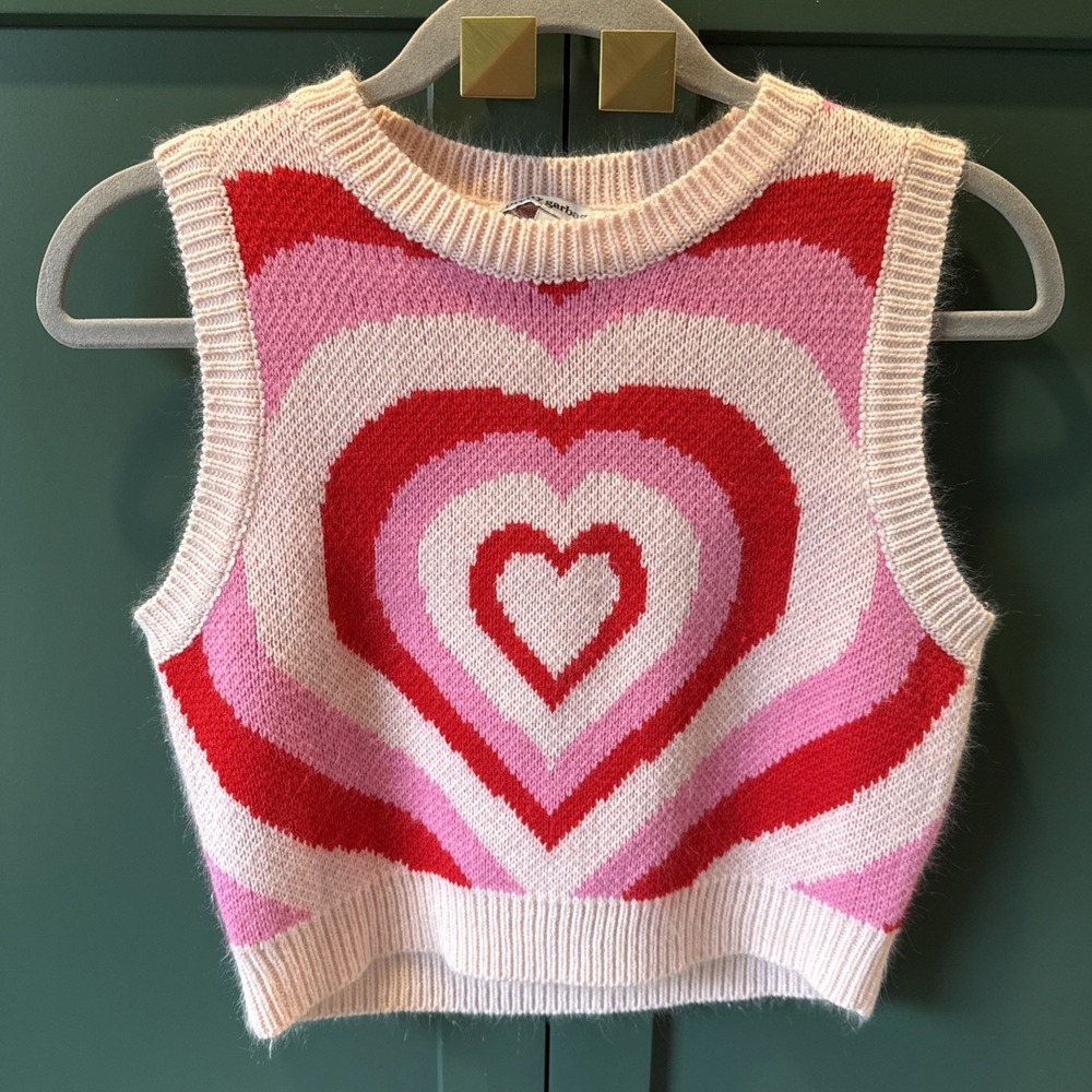 Vintage pretty garbage pink‎ heart knitted crop tank womens size s